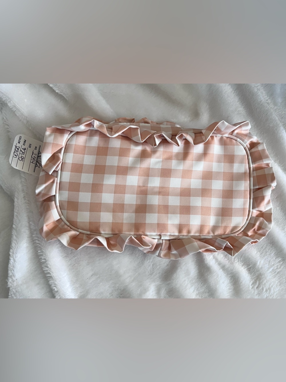 Peach and white gingham ruffle trim makeup bag